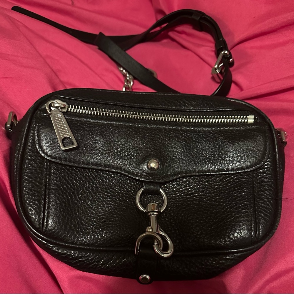 Rebecca Minkoff Black Leather Crossbody Bag with Silver Accents